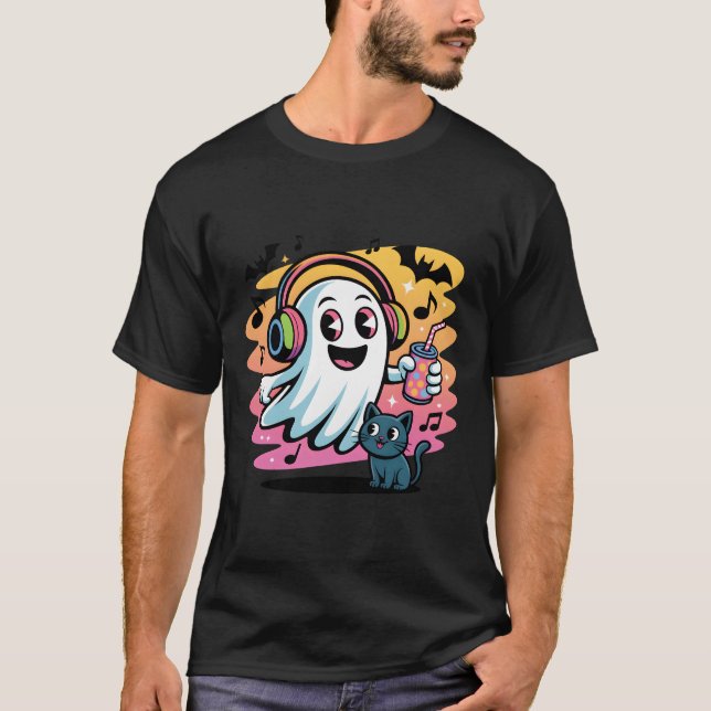 T-shirt Party Ghost with Cat Cute Halloween Cartoon (Devant)