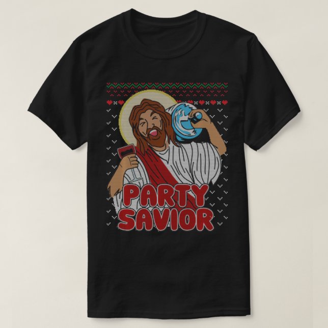 T-shirt Party Savior Jesus Christ Santa Beer Ugly Christma (Design devant)