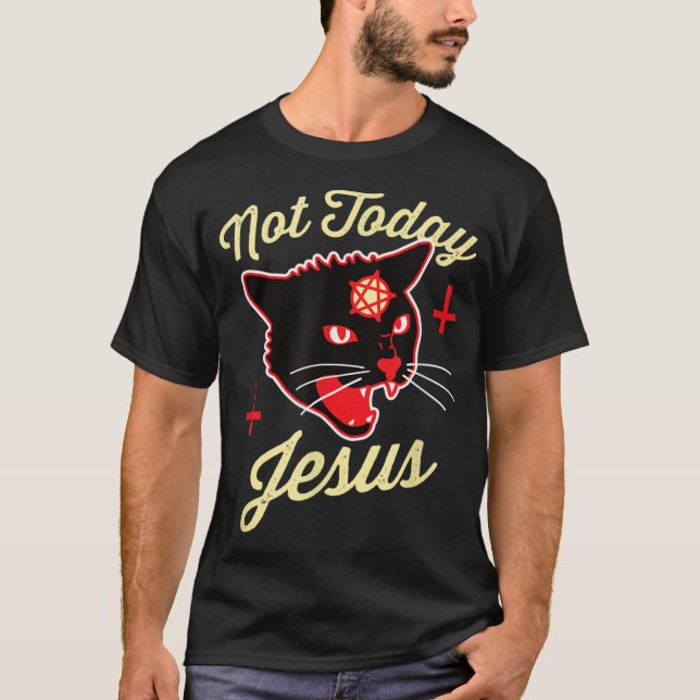 T-shirt Pas aujourd'hui Jésus salue Satan Satanic Chat mor (Devant)