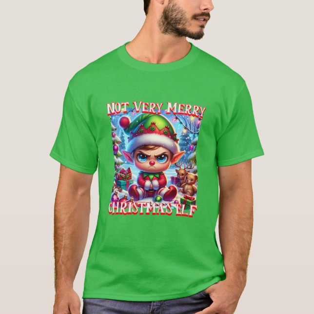T-shirt Pas très joyeux elf de Noël (Devant)