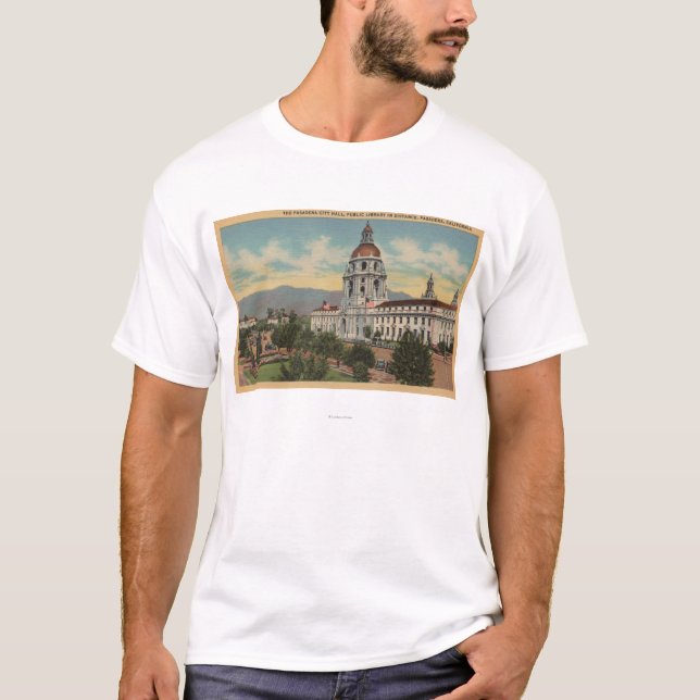 T-shirt Pasadena, CA - vue de ville hôtel et public Librar (Devant)