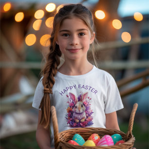 T-shirt Pastel coloré Lapin de Pâques & Fleurs Nom Personn