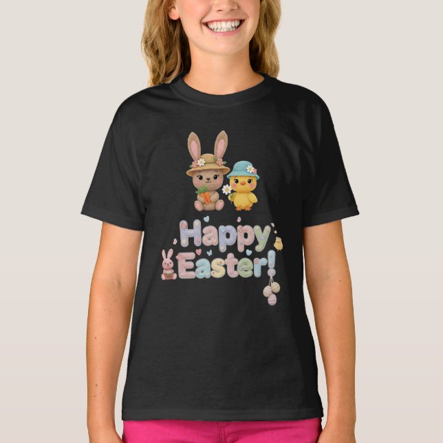 T-shirt Pastel Crochet Happy Easter Bunny & Chick design  (Devant)