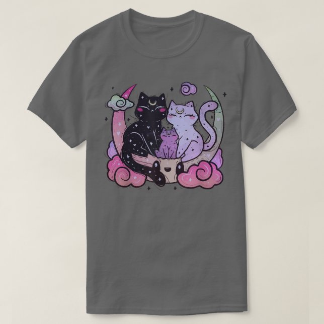 T-shirt Pastel Goth Clothing Creepy CAt Family on Moon  (Design devant)