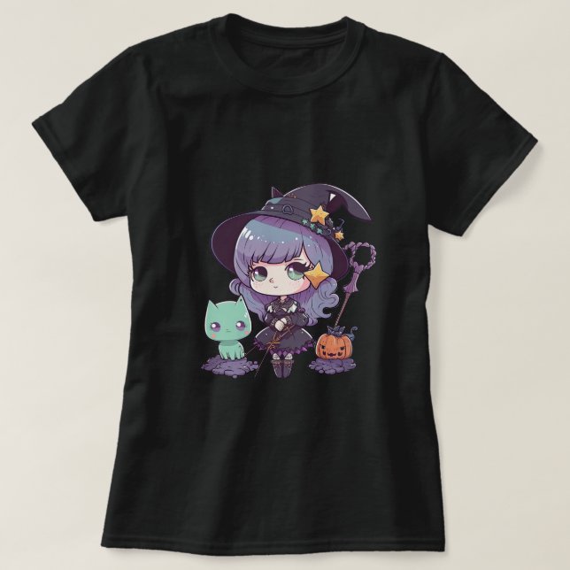 T-shirt Pastel Goth sorcière et chat Halloween Tee (Design devant)
