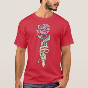 T-shirt Pastel Goth Squelette Main Tenant Une Rose Rouge 