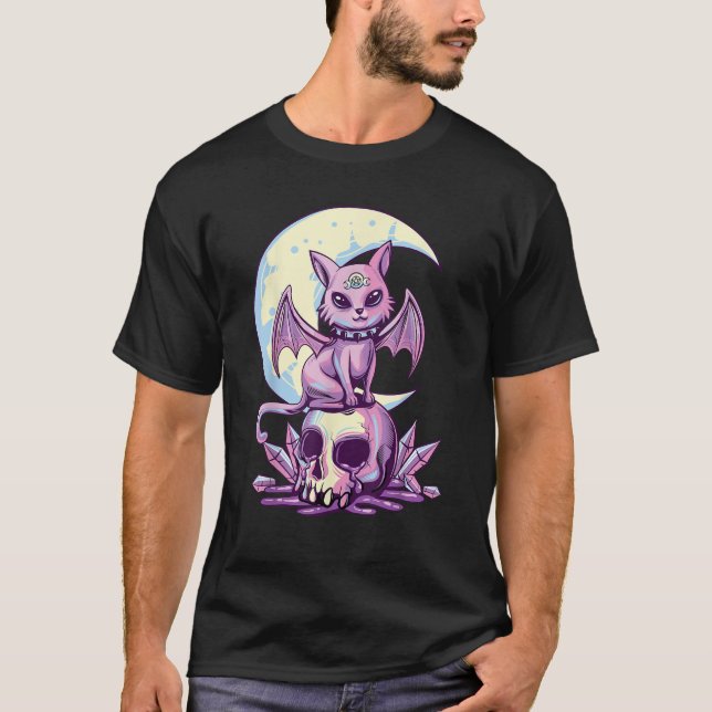 T-shirt Pastel Goth Wiccan Cat Cute Creepy Witchy Cat and  (Devant)