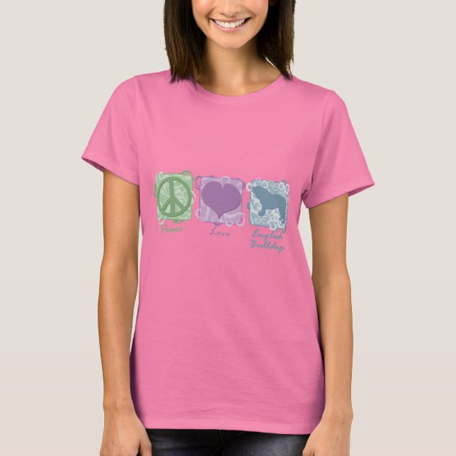 T-shirt Pastel Peace, Love et Bulldogs anglais (Devant)