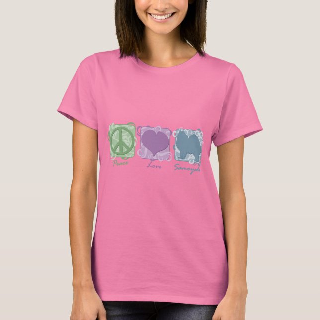 T-shirt Pastel Peace, Love et Samoyeds (Devant)