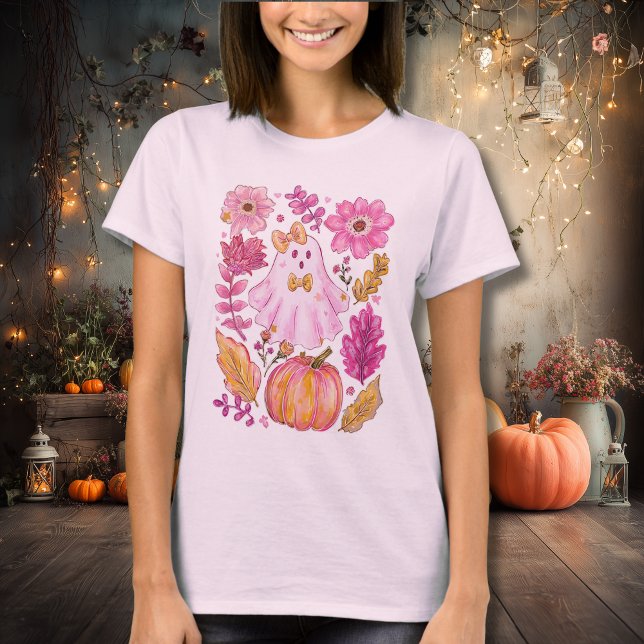 T-shirt Pastel Pink Halloween Ghost with Flowers and Pumpk (Créateur téléchargé)
