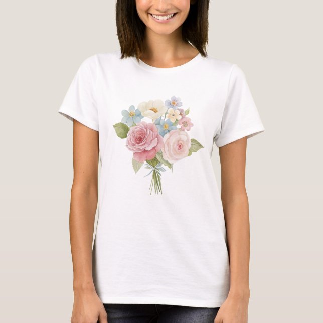 T-shirt Pastel Rose and Wildflower Watercolor Bouquet (Devant)