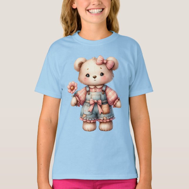 T-shirt Pastel Teddy Bear Holding Flower Wear Overalls (Devant)