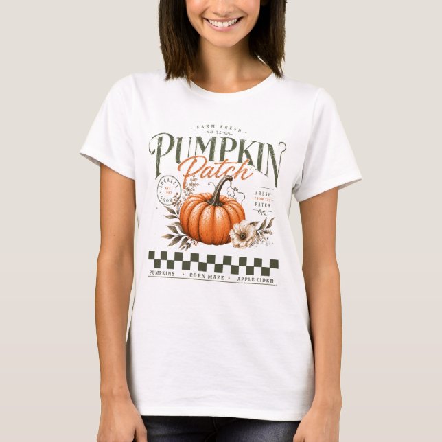 T-shirt Patch de citrouilles rustique automne floral rétro (Devant)