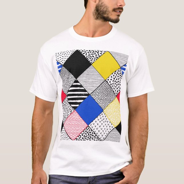 T-shirt Patchwork arrière - plan : oiseaux, pois. (Devant)