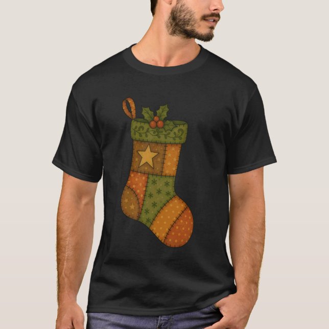T-shirt Patchwork Christmas Stocking with Star Folk Art (Devant)