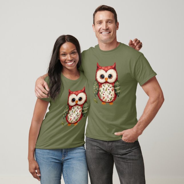 T-shirt Patchwork de style folk art représentant un hibou  (Unisexe)