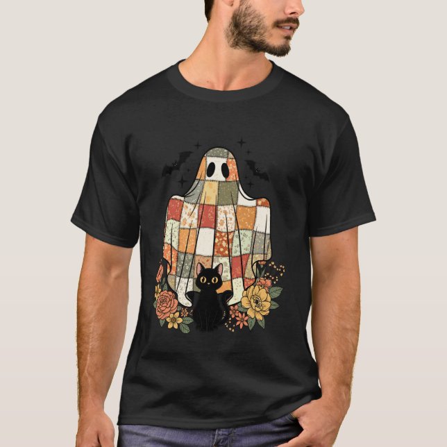 T-shirt Patchwork d'Halloween Fantôme Chat Noir Fleur Mign (Devant)