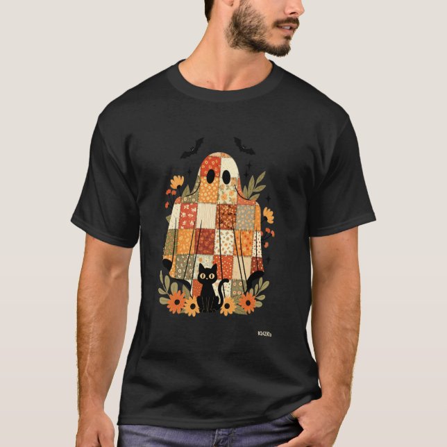 T-shirt Patchwork d'Halloween Fantôme Chat Noir Floral Aut (Devant)