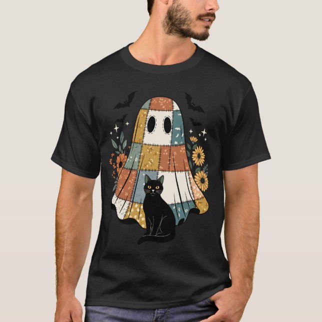 T-shirt Patchwork Halloween Fantôme Chat Noir Fleurs Chauv (Devant)
