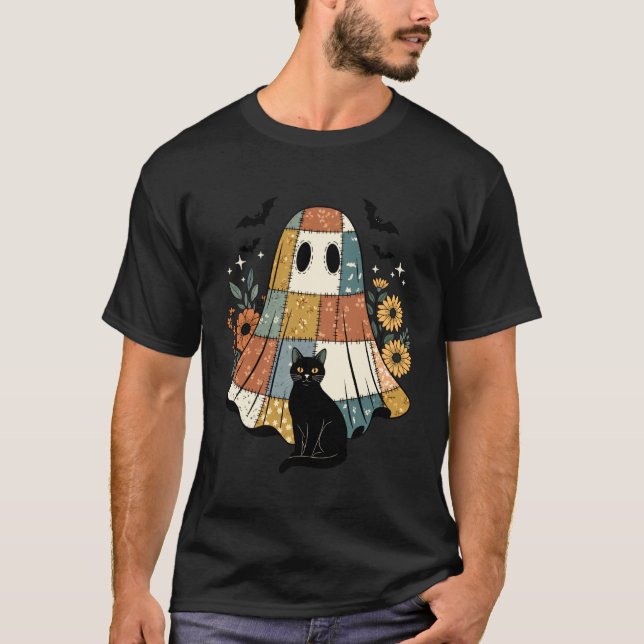T-shirt Patchwork Halloween Fantôme Chat Noir Fleurs Chauv (Devant)