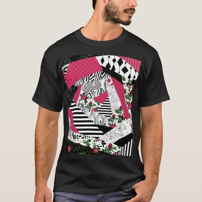 T-shirt patchwork rouge, populaire, patchwork lancer oreil (Devant)