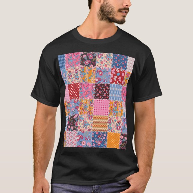 T-shirt Patchwork sans couture, motif en tissu mignon. (Devant)