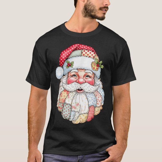 T-shirt Patchwork Santa Claus Face Preppy Girly Christmas  (Devant)