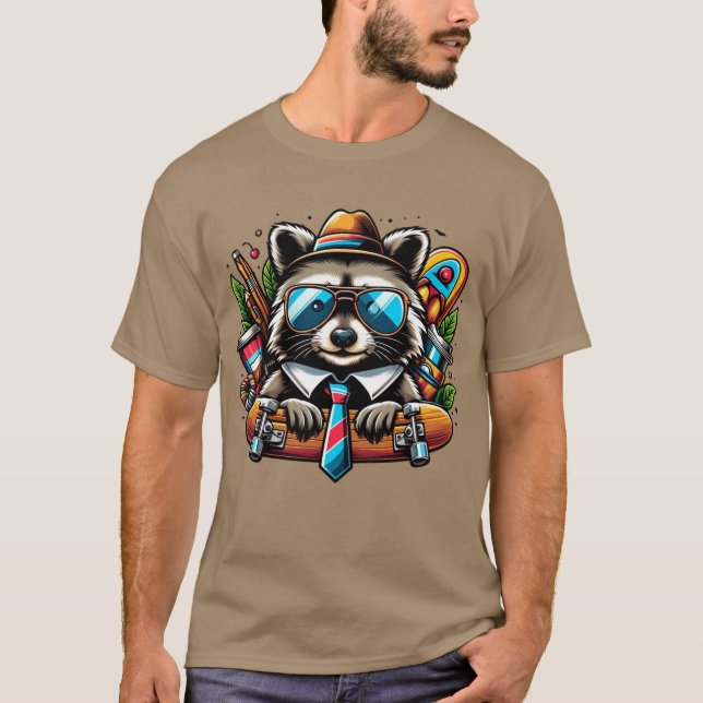 T-shirt Patinage Raccoon Cool Animal avec sac à dos et Ska (Devant)