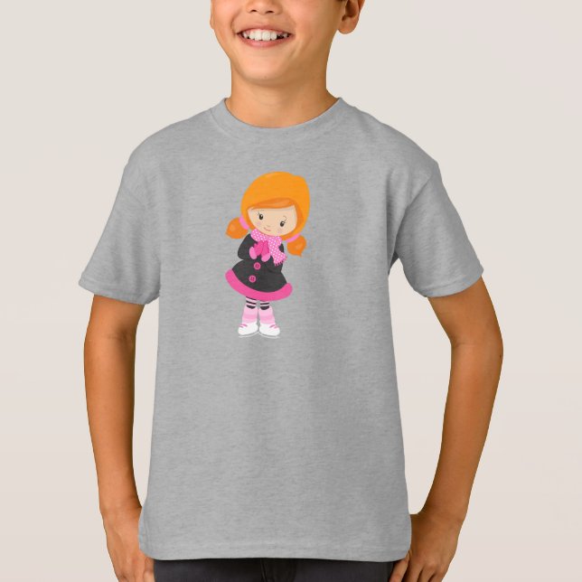 T-shirt Patineuse sur glace, Mignonne fille, Cheveux orang (Devant)