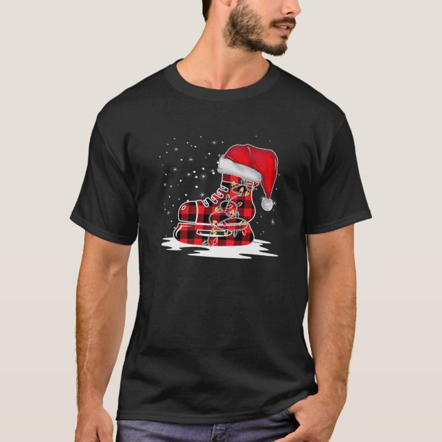 T-shirt Patins de hockey sur glace Patins Red Plaid Santa  (Devant)