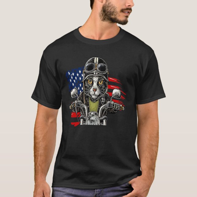 T-shirt Patriot Fluffy Black Cat on Motorcycle with Flag o (Devant)