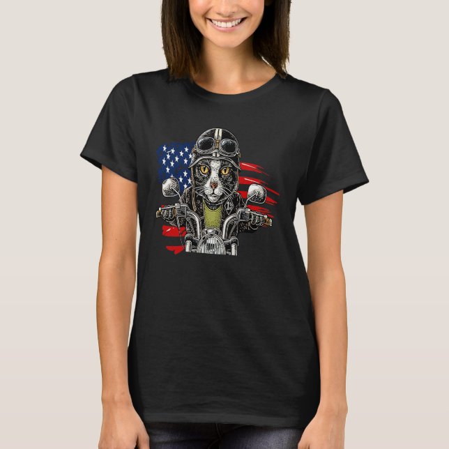 T-shirt Patriot Fluffy Black Cat on Motorcycle with Flag o (Devant)