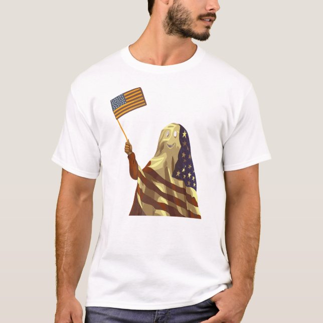 T-shirt Patriotic American Flag Ghost Halloween (Devant)