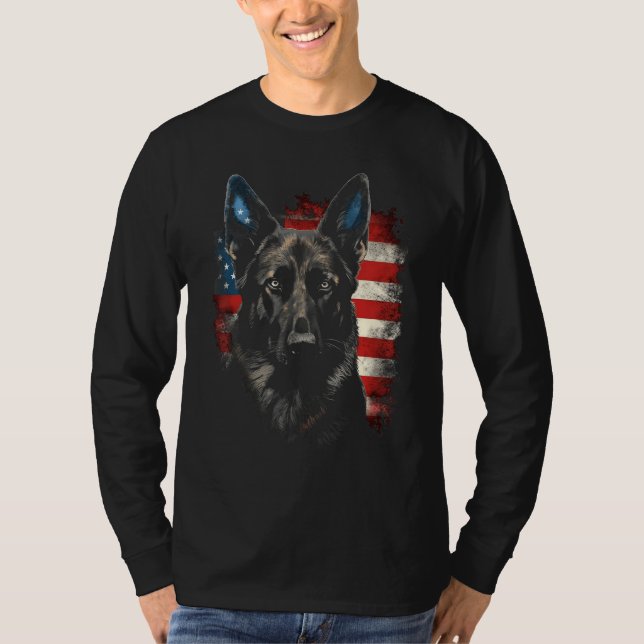 T-shirt Patriotic Black German Shepherd American Flag Dog  (Devant)