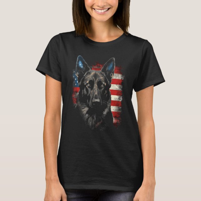T-shirt Patriotic Black German Shepherd American Flag Dog  (Devant)