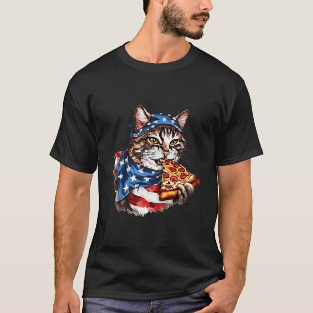 T-shirt Patriotic Cat Eats Pizza 4Th Of July American Flag (Devant)