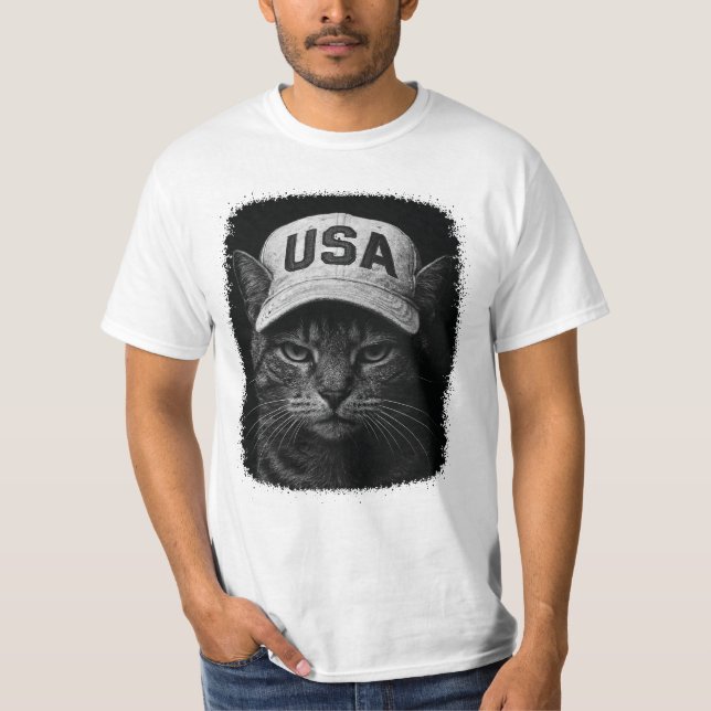 T-shirt Patriotic Grumpy Cat – USA Hat Black & White (Devant)