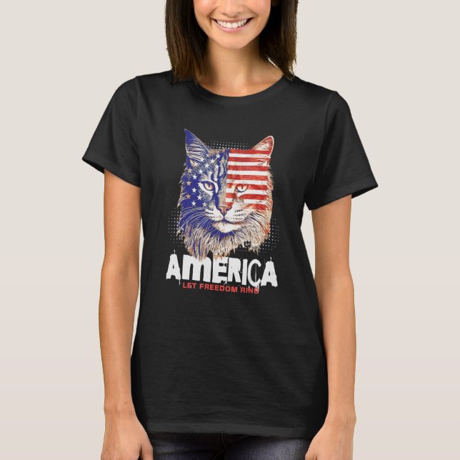 T-shirt Patriotic Maine Coon Face Independence Day Feline  (Devant)
