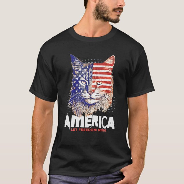 T-shirt Patriotic Maine Coon Face Independence Day Feline  (Devant)
