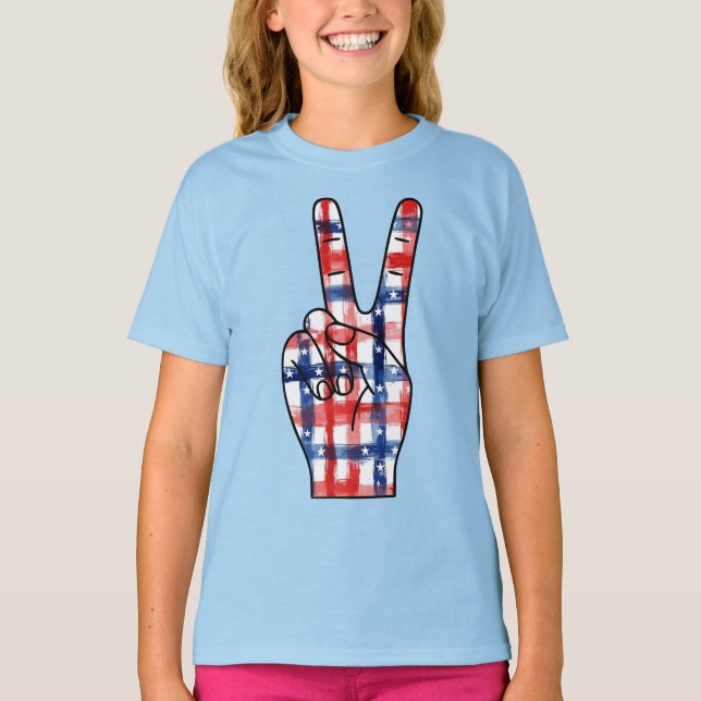 T-shirt Patriotic Peace Sign Hand Abstract US Flag Pattern (Devant)