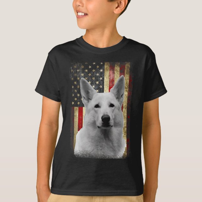 T-shirt Patriotic White German Shepherd Flag American Usa  (Devant)