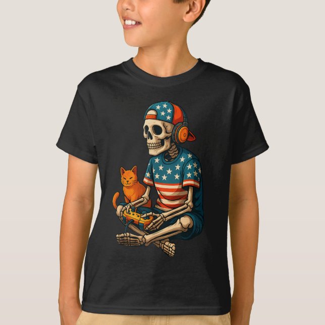 T-shirt Patriotique Gamer Skeleton Jeux Vidéo de jeu Cat B (Devant)
