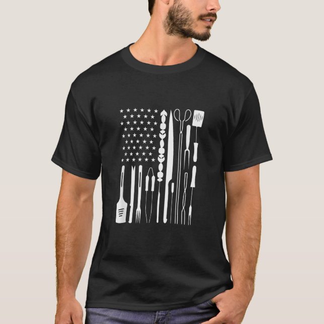 T-shirt Patriotique Grilling BBQ Ustensile US Drapeau Pitm (Devant)