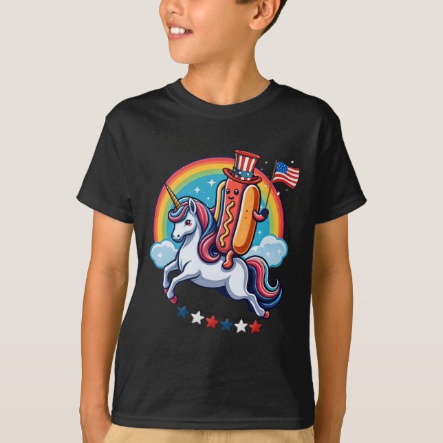 T-shirt Patriotique Hotdog équitation Unicorn 4 juillet Am (Devant)