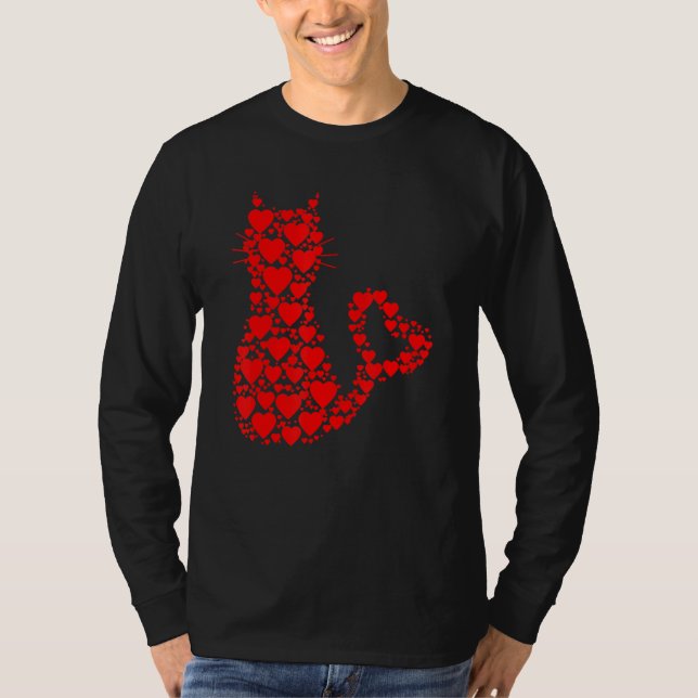 T-shirt Pattern Red Hearts Cat Lovers Valentine's Day (Devant)