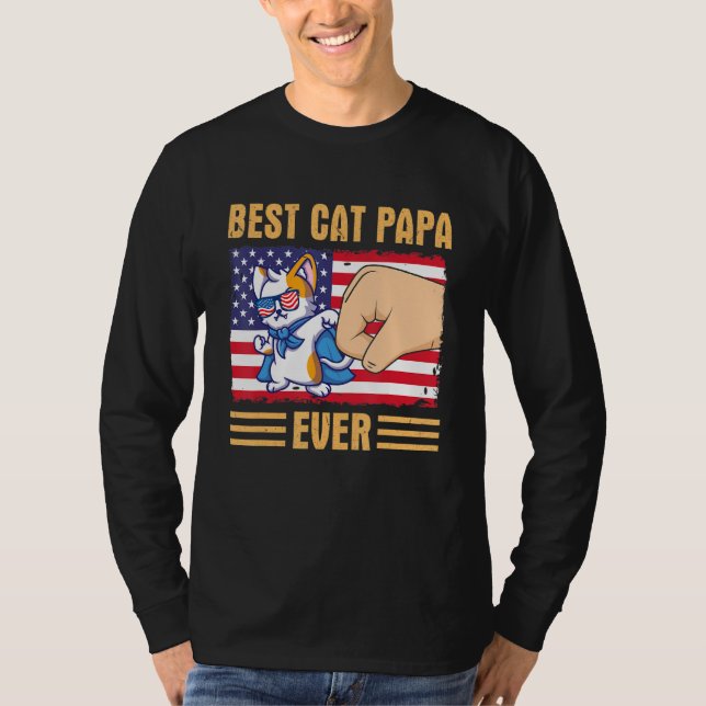 T-shirt Paw Touching Hand US Flag America Best Cat Papa Ev (Devant)