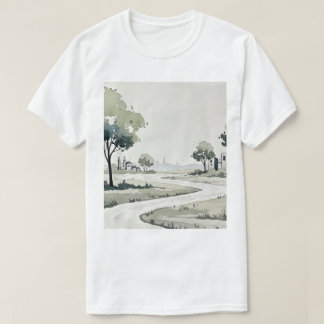 T-shirt paysage de collines avec de petites maisons
