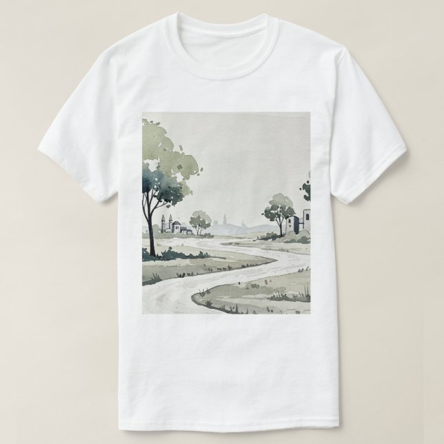 T-shirt paysage de collines avec de petites maisons (Design devant)