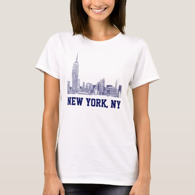 T-shirt Paysage de NYC Gravé 01 Bleu (Devant)