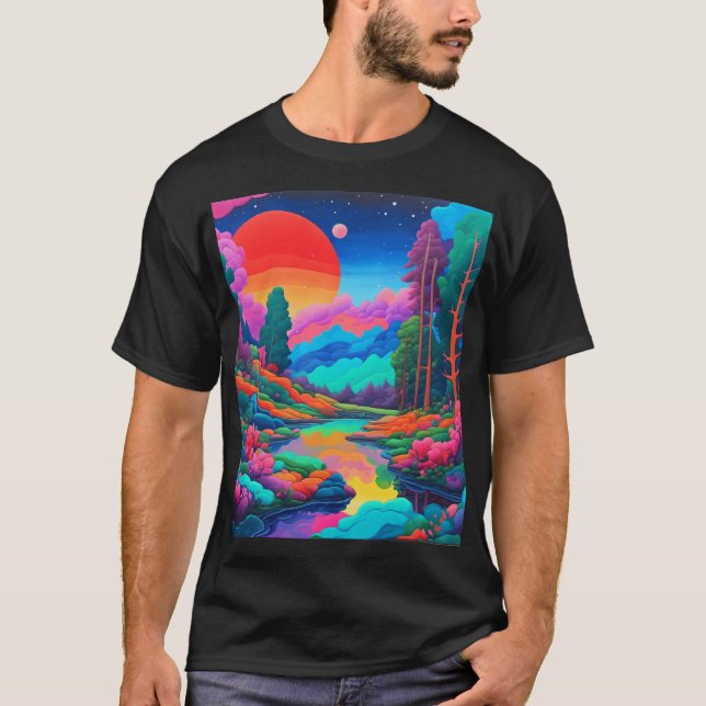 T-shirt Paysage psychédélique art rose vert (Devant)